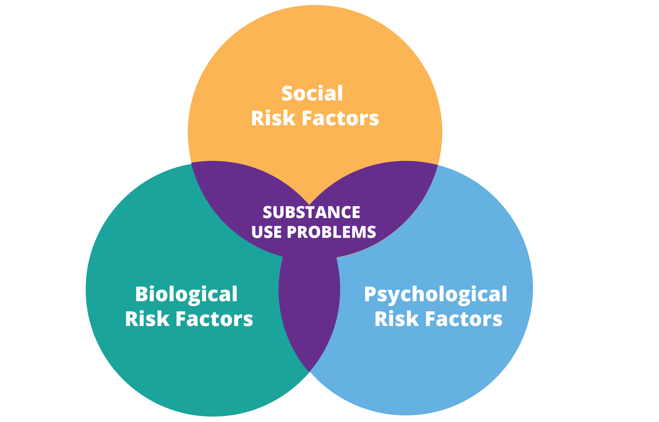 Venn diagram of risk factors for substance use problems which includes: social risk factors, biological risk factors, and psychological risk factors that intersect to create substance use problems.